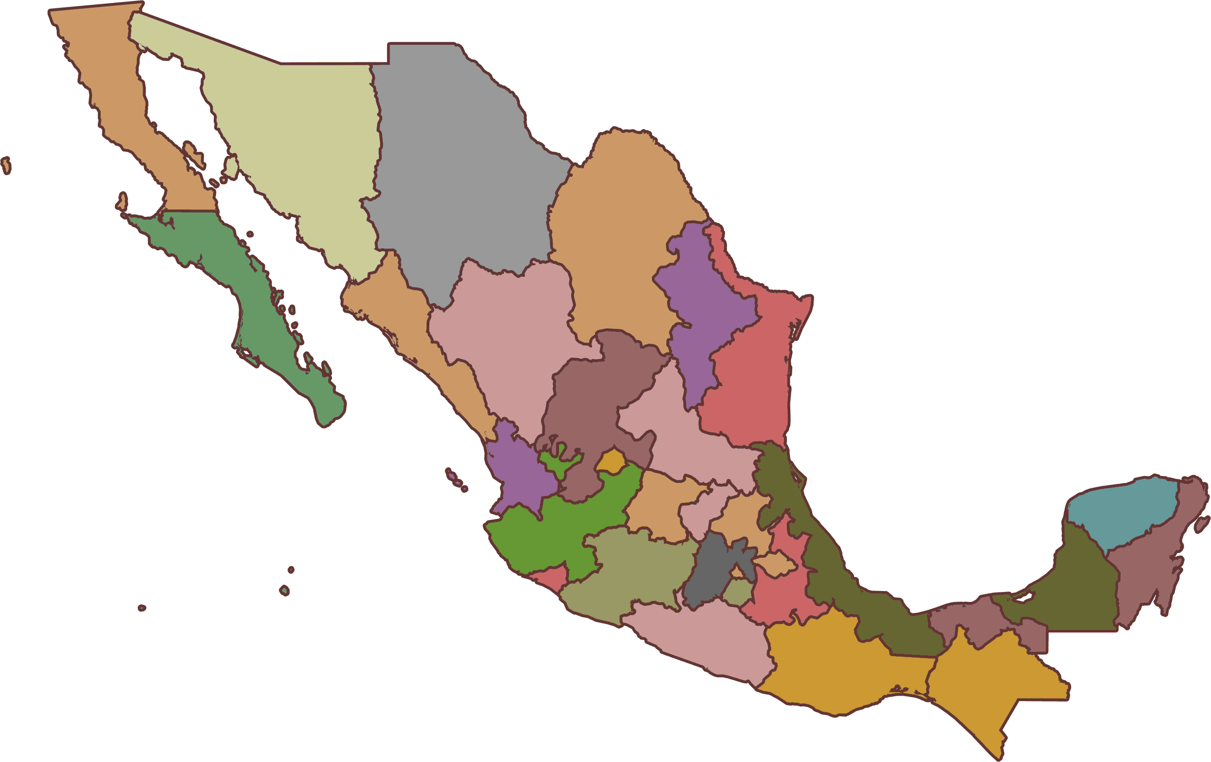 Mapa de México con división política sin nombres