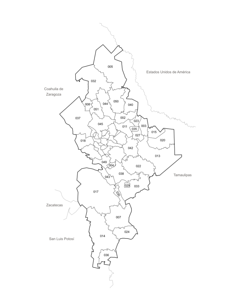 Mapa de Nuevo León y municipios en blanco y negro