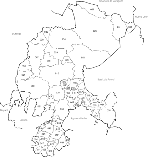 Mapa de zacatecas blanco y negro