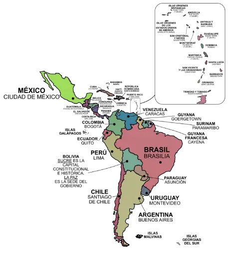 Mapa de Latinoamérica a color con nombres