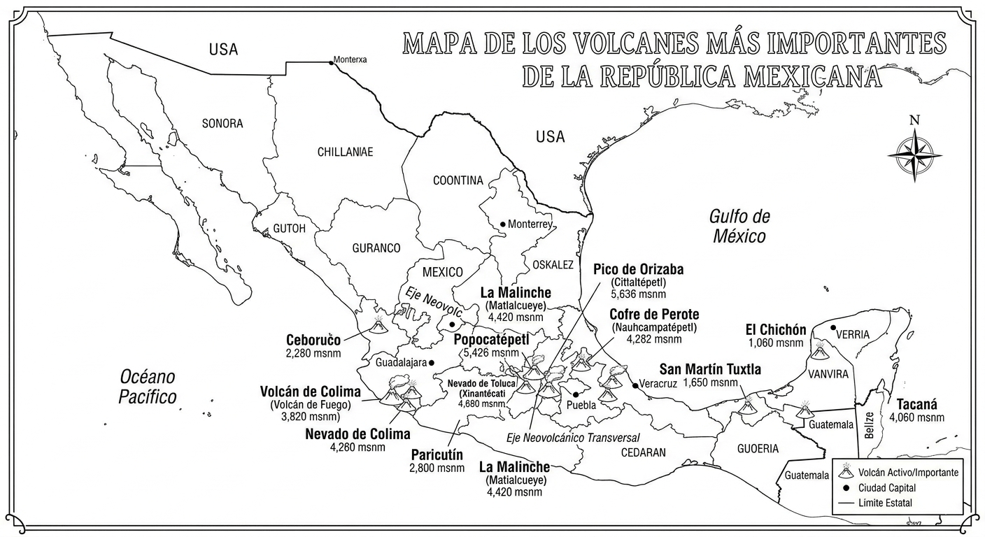 Mapa de volcanes de México blanco y negro