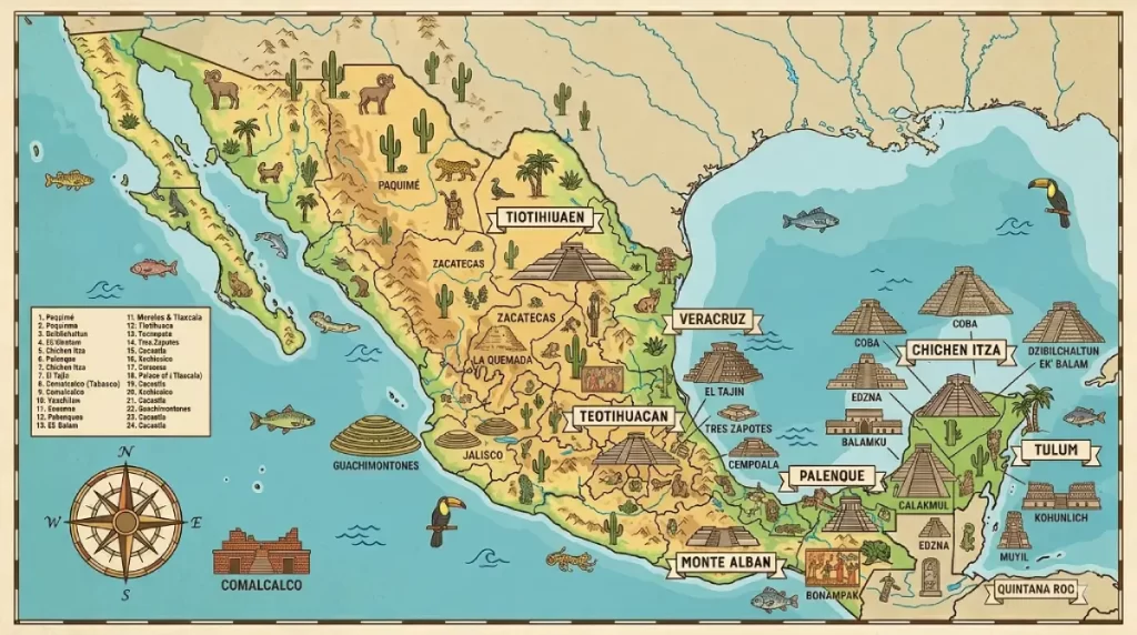 Mapa de zonas arqueológicas en México