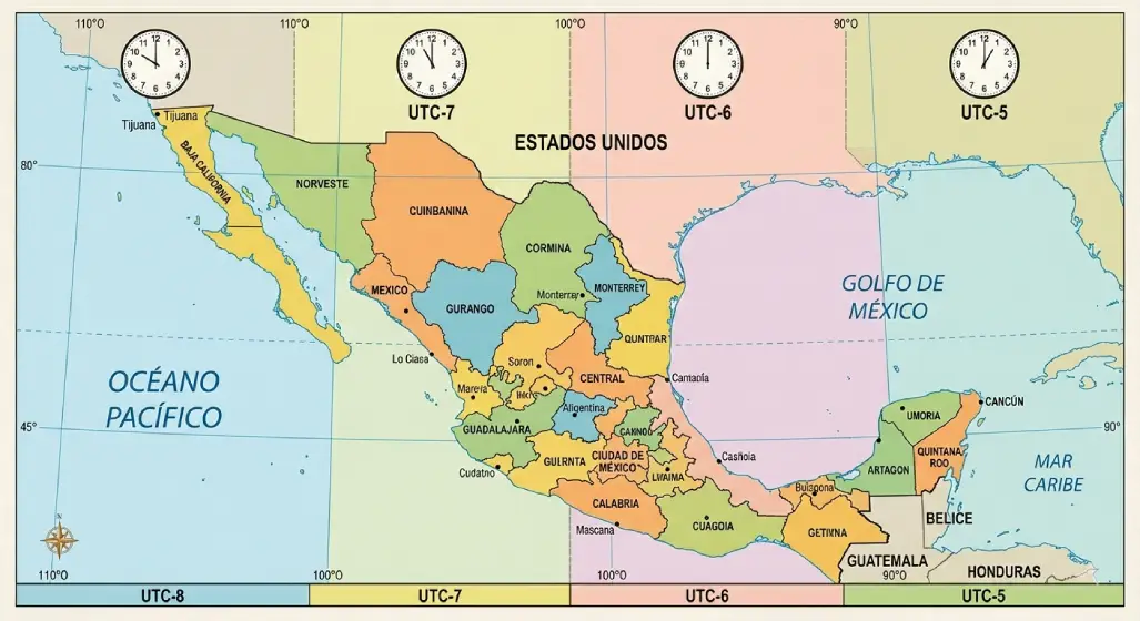 Mapa de zonas horarias de México