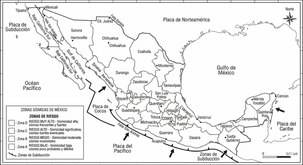 Mapa de zonas sísmicas en México en PDF y PNG para colorear